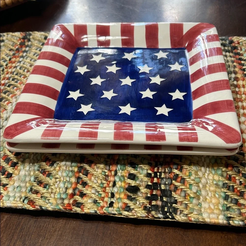 World Bazaars Inc Ceramic Hand Painted Red White Blue Plates Two Piece Bundle